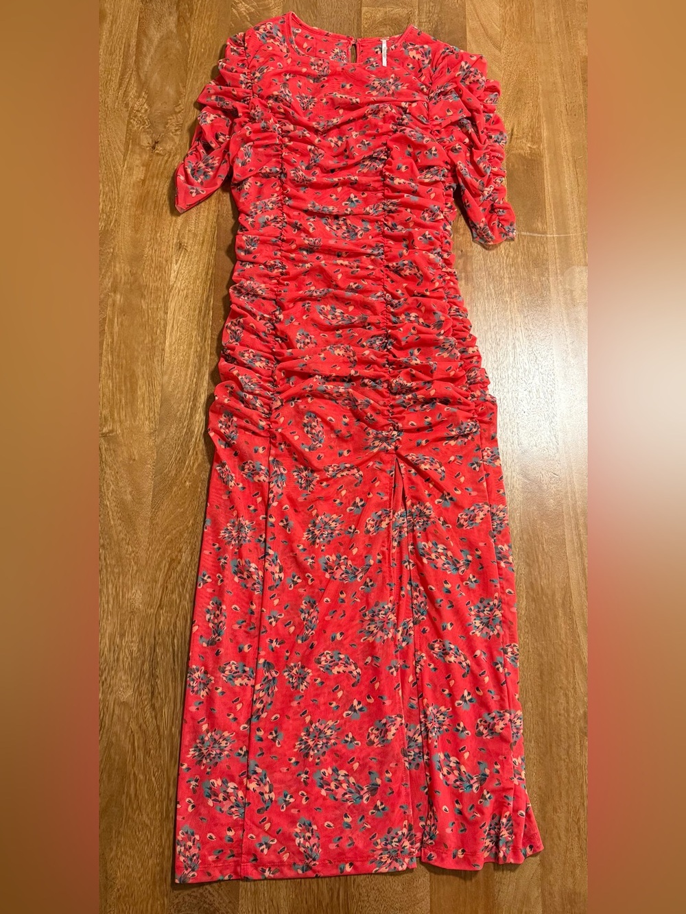 Free People Briella Red Floral Ruched Mesh Puff Sleeve Midi Dress